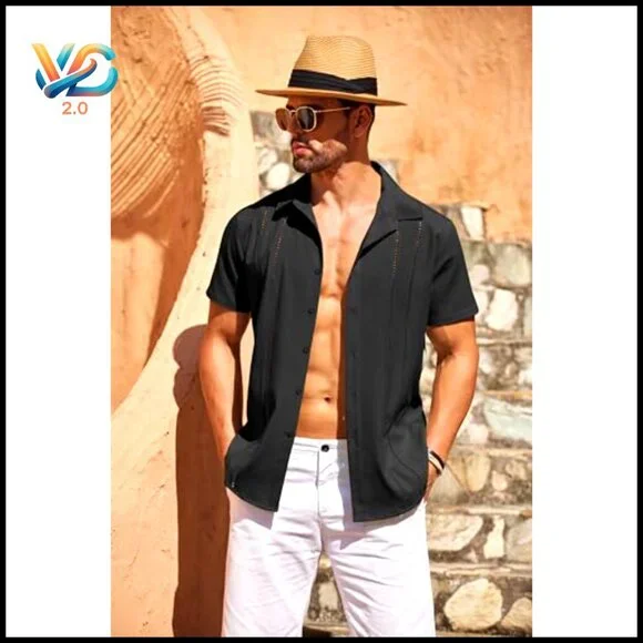 Men's Cuban Guayabera Shirt Short Sleeve Button Down Casual Summer Beach Linen